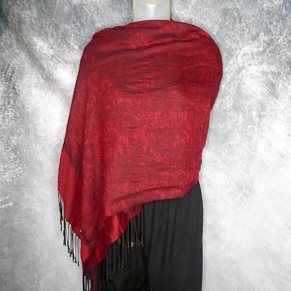 Pashmina - Reversable, Silk Blend, 90s Vintage, Red Black Exotic - Picture 2 of 11